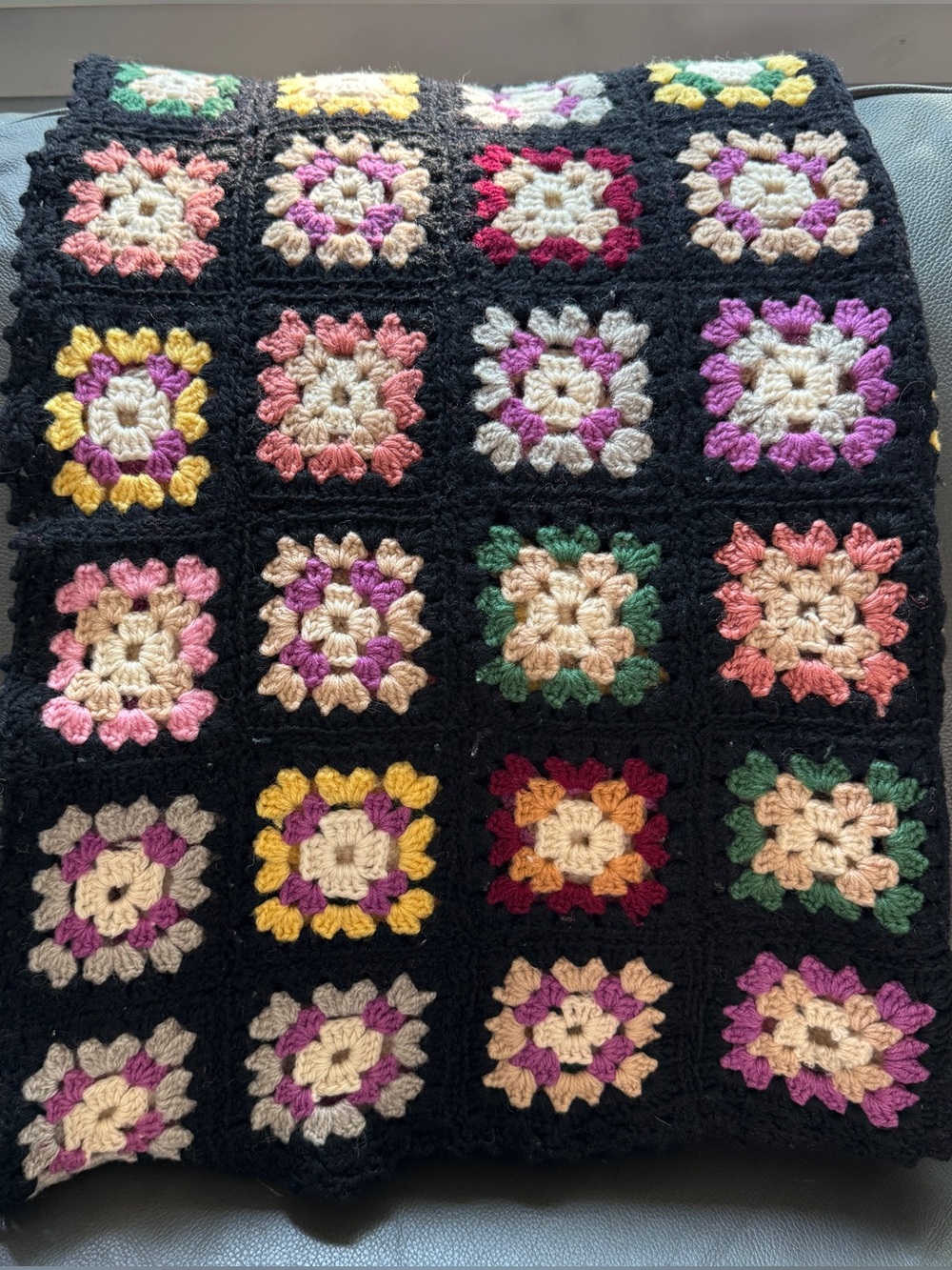 VTG Granny Square Wool Handmade Afghan Multicolor Black Throw Boho Cottage 72x54